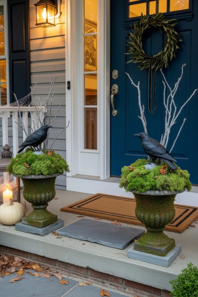 Spooky-Chic halloween porch ideas for Instant Curb Appeal 14 Porch entry featuring moss-filled urns topped with black crow figures, bare branches, and a simple green wreath on the door.