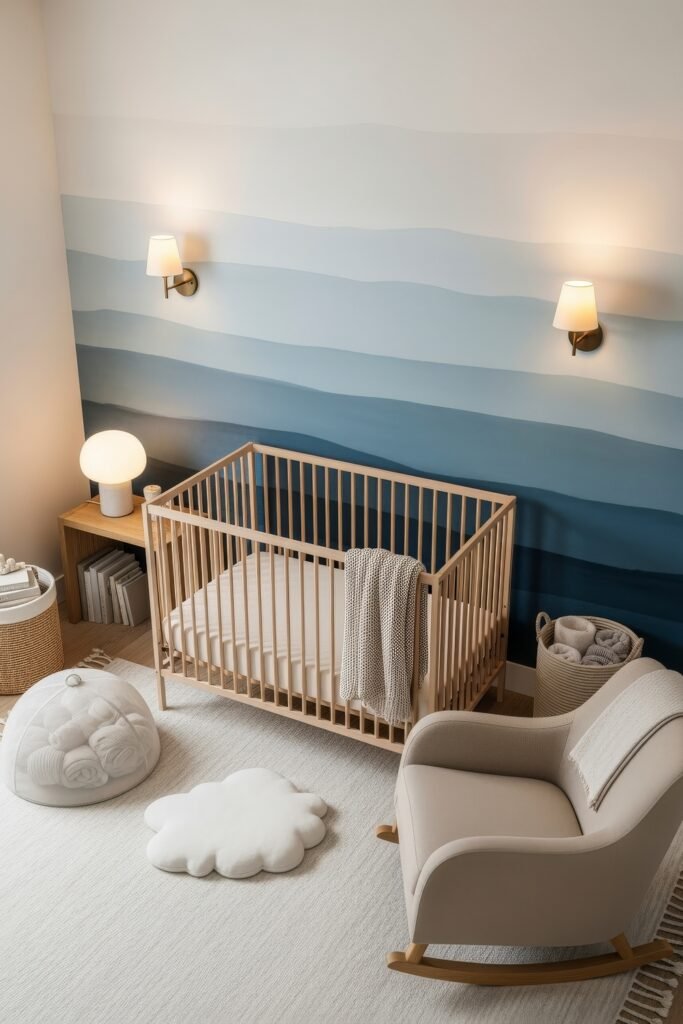 Fresh nautical nursery ideas for a calm, stylish baby room 13 Minimalist nursery with a wood crib, wave-pattern mural in soft blue tones, and cloud-shaped floor cushion for a calming ocean vibe.