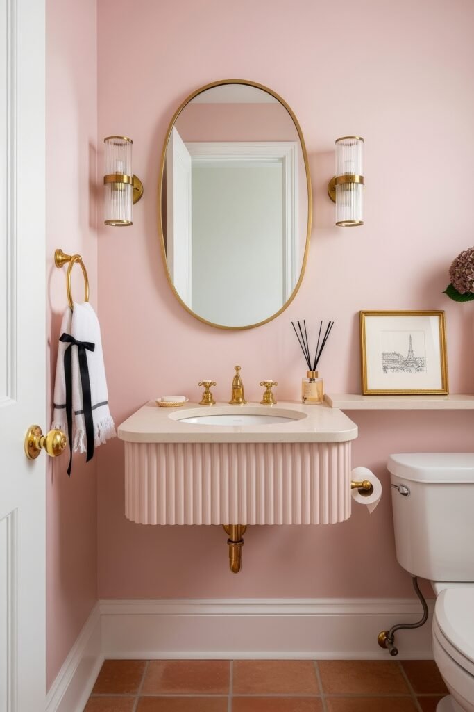 Fresh Ways to Style Pink Bathroom Decor: Looks That Glow 15 Elegant bathroom with blush pink walls, a fluted vanity sink, and gold fixtures, styled with framed art, flowers, and chic pink bathroom decor.