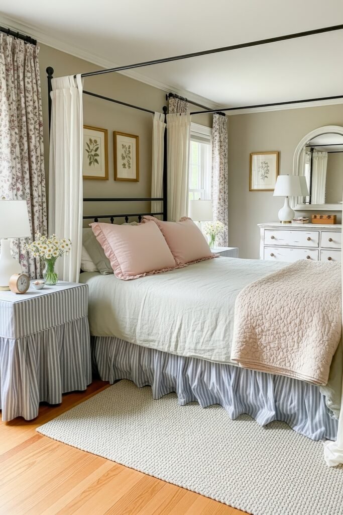 Sweet Ideas for a Romantic Cozy Farmhouse Bedroom 11 Bright cozy bedroom with a black canopy bed, pale bedding, blush pillows, striped bed skirt, and floral curtains framing windows with natural light.