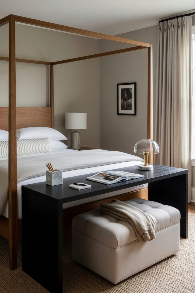Small Bedroom Office Combo Ideas That Actually Look Chic 16 Elegant bedroom with a four-poster bed and black desk at its foot, paired with a tufted ottoman bench and modern glass lamp.