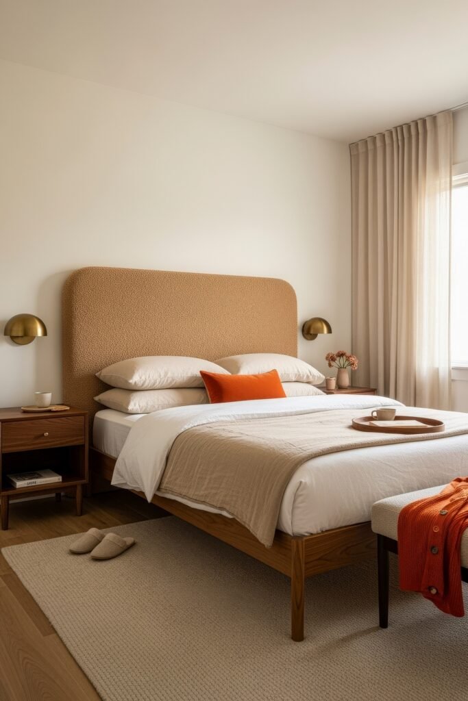 Small Bedroom Style Ideas: 15 Chic Looks That Work 17 Neutral small bedroom with a tall textured headboard, beige bedding, and a pop of orange from a single accent pillow.