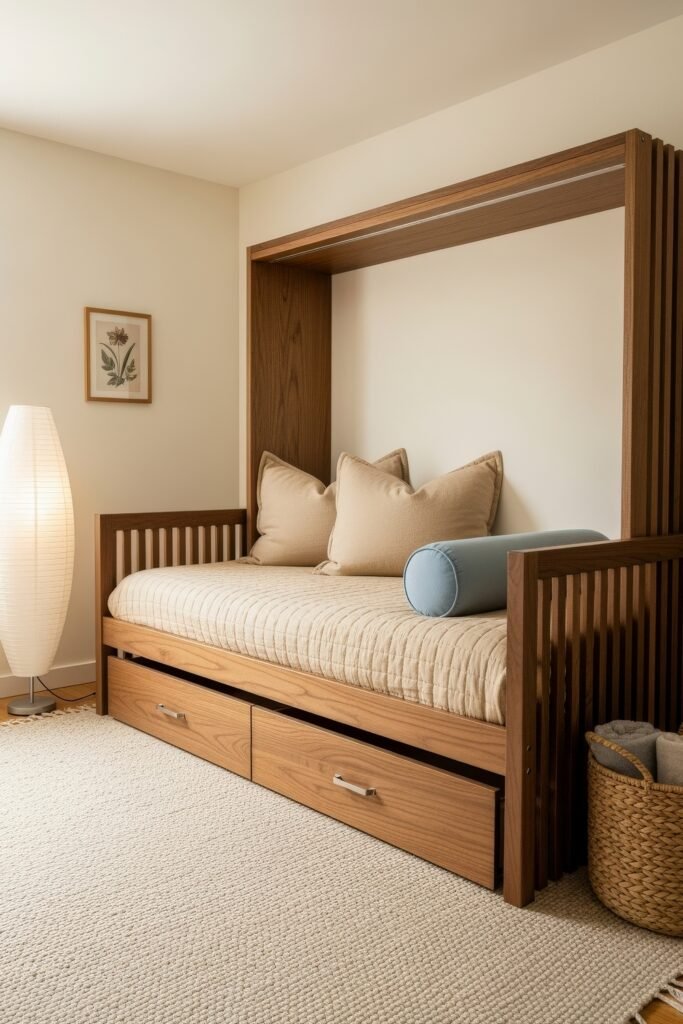 Smart, Stylish Storage Ideas for Small Bedrooms 15 Daybed with beige quilted bedding, under-bed drawers for storage, and a wicker basket, ideal for maximizing small bedroom space.