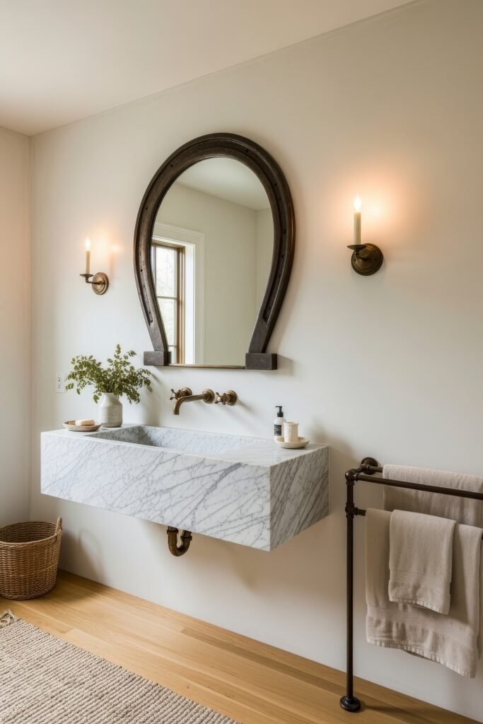 Desert-Modern Magic: Western Bathroom Decor Ideas 15 Elegant bathroom with marble sink, horseshoe-shaped mirror, brass fixtures, and woven textures for a refined western bathroom decor touch.