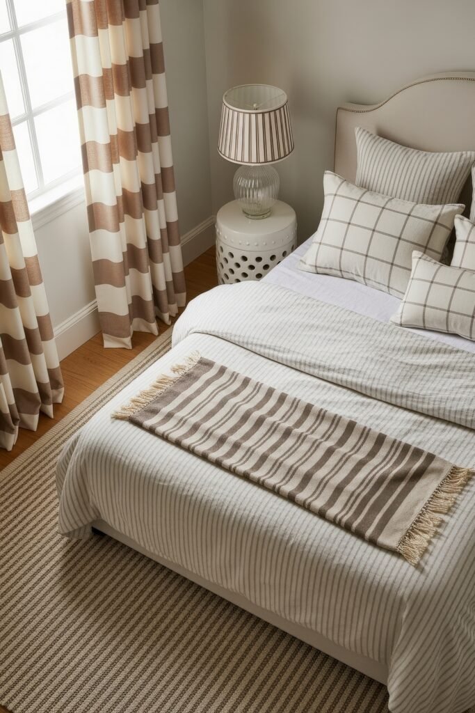 Chic Ideas for Aesthetic Apartment Decor That Feels Effortless 16 Calming bedroom with striped curtains, checked pillows, and a layered neutral bedding set, completed with a striped throw blanket at the foot of the bed.