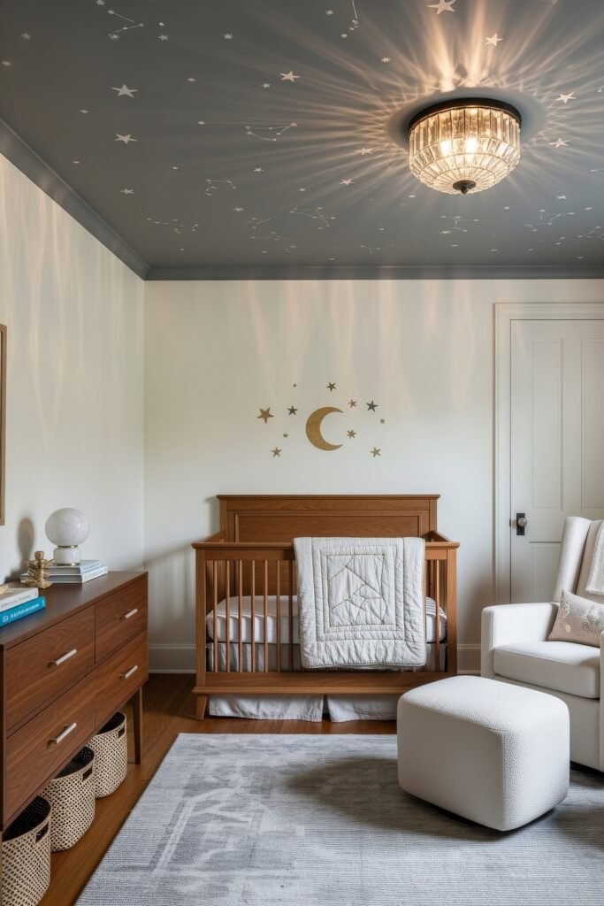 Dreamy Nursery Bedrooms: Baby Nursery Ideas for Boy 13 Modern celestial nursery featuring a dark starry ceiling, wooden crib with quilt, moon and star wall decals, and plush armchair for parents.