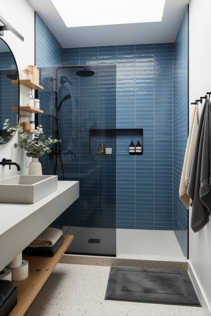 Blue Bathroom Decor: Fresh, Wow-Worthy Ideas 14 Contemporary bathroom with glossy blue tiles, open shelving, and a minimalist concrete sink accented with greenery.