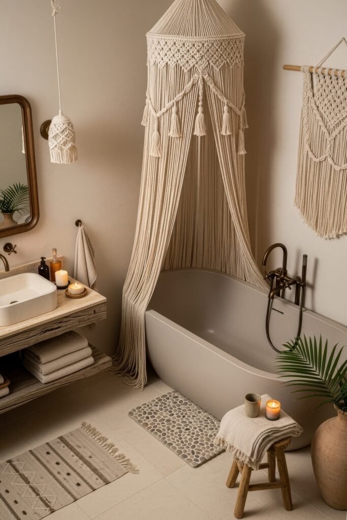 Fresh Ways to Layer Boho Bathroom Decor 15 Soft neutral bathroom with freestanding tub, macrame canopy, wood vanity, candles, and natural accents for calming boho bathroom decor.