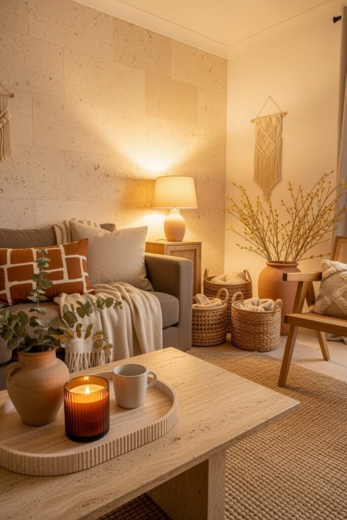 Cozy Boho Fall Decor: Ideas for Warm, Collected Style 16 Warm-toned living room with a gray sofa, rust and cream pillows, woven baskets, and a stone coffee table styled with a lit candle and ceramic jug.
