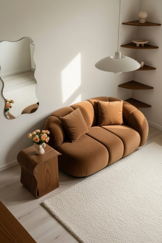 Chic Ideas for a Brown Apartment Aesthetic 12 Minimalist lounge area with a compact brown velvet loveseat, sculptural wooden side table, and wall-mounted corner shelves, softly lit by daylight—showcasing modern brown apartment aesthetic.