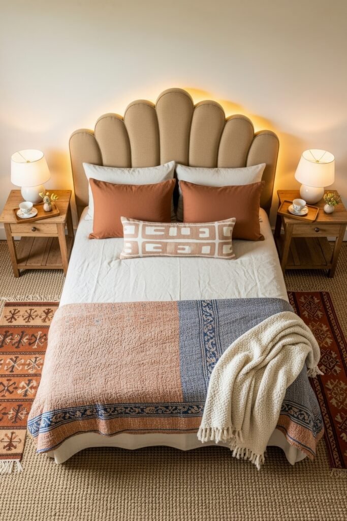 Dreamy Ways to Style a Cozy Boho Bedroom 14 Overhead view of a bedroom with a tan scalloped headboard, rust and white pillows, a patterned bedspread in blue and terracotta, and matching boho-style rugs flanking a cozy neutral bed.