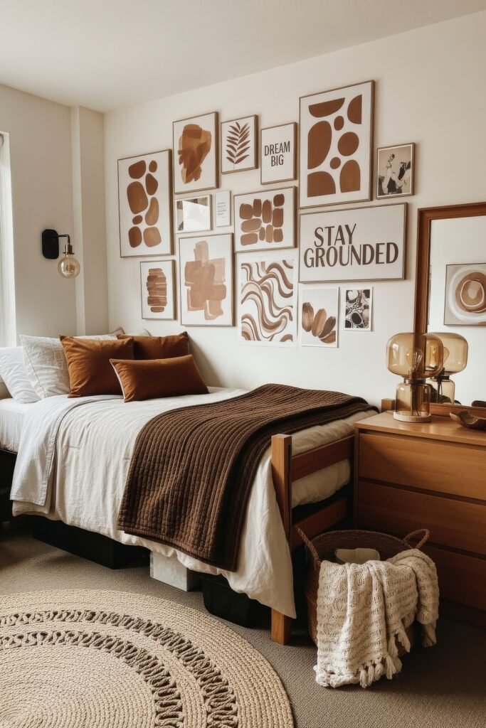 Trend-Forward dorm wall décor Ideas 13 Warm dorm bedroom glow-up with earthy brown bedding, bold abstract wall art including motivational quotes, and a textured round woven rug.