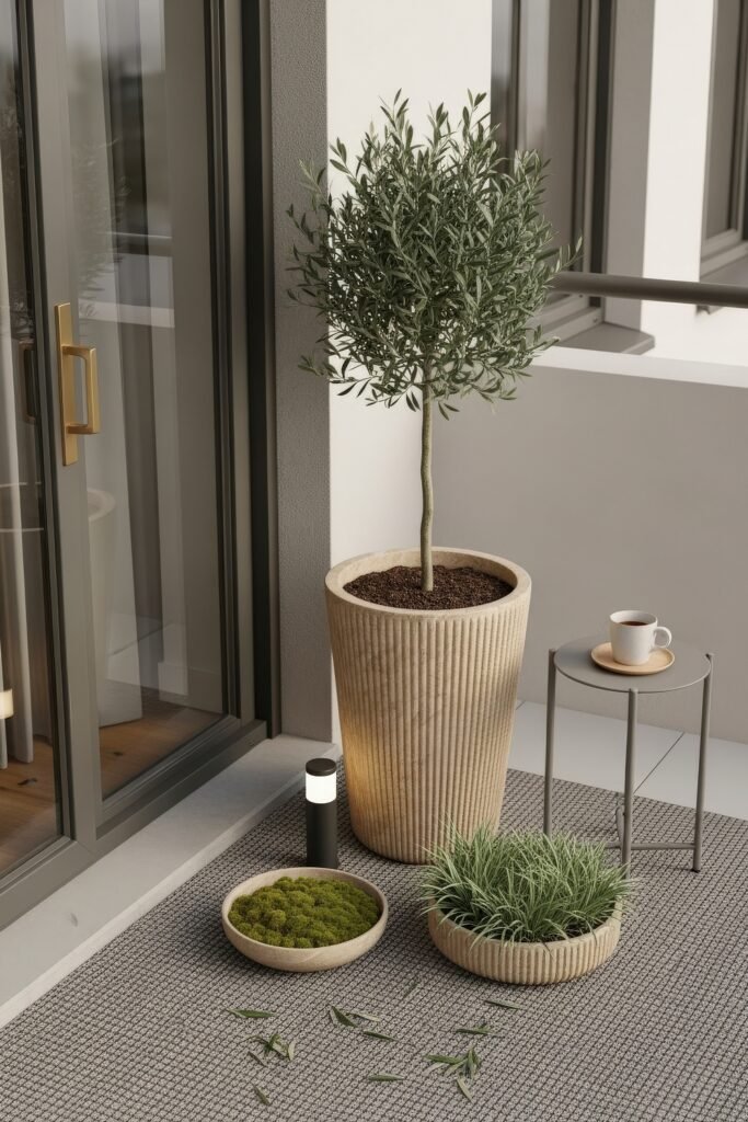 Cozy Entry Glow: Fall Porch Ideas to Try 15 Minimal balcony with a potted olive tree, bowls of moss and grasses, and a side table with a cup of tea for a simple fall decor look.