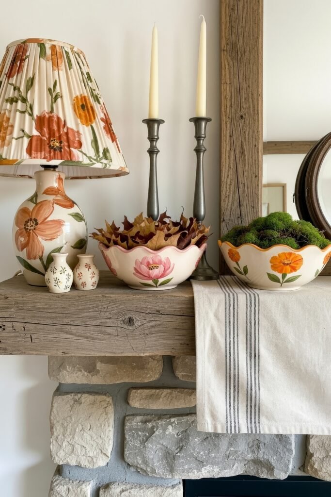 Fresh farmhouse fall decor Ideas for a Cozy, Modern Home 15 Rustic mantel with floral ceramics, candlesticks, moss bowl, and a floral lamp, styled with colorful farmhouse fall decor.