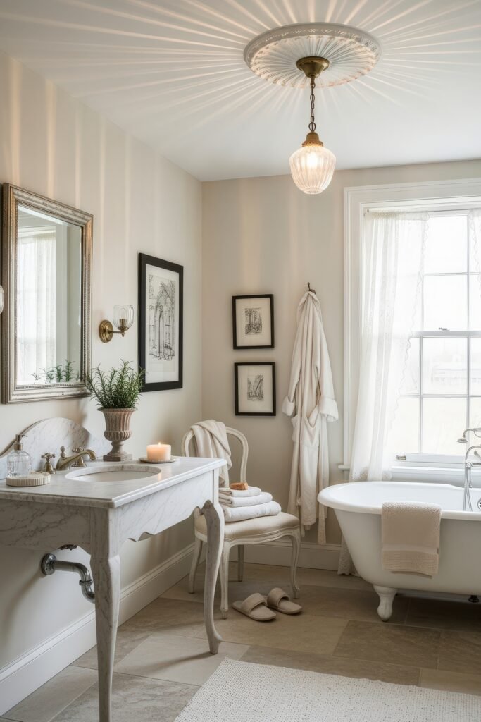 Elegant Ways to Layer french vintage bathroom décor 13 Refined bathroom featuring a marble vanity with curved legs, clawfoot tub, framed architectural drawings, and soft natural light through lace curtains.