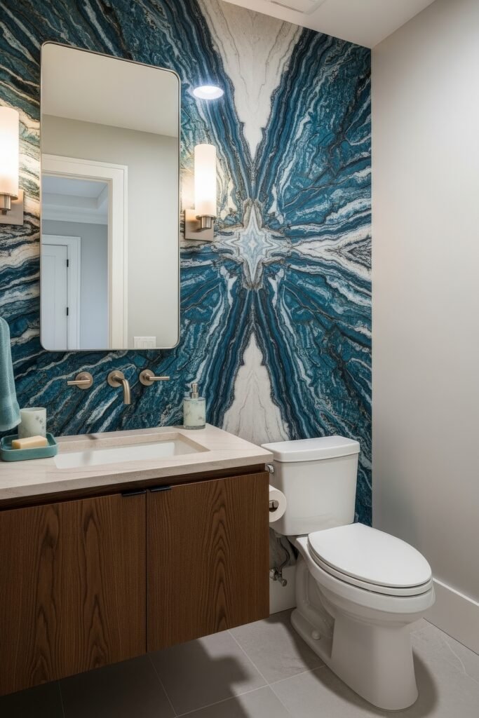 Half Bathroom Decor, Elevated: Jewel-Box Ideas 14 Contemporary bathroom with a dramatic blue gemstone-inspired wall, sleek vanity, and modern lighting.