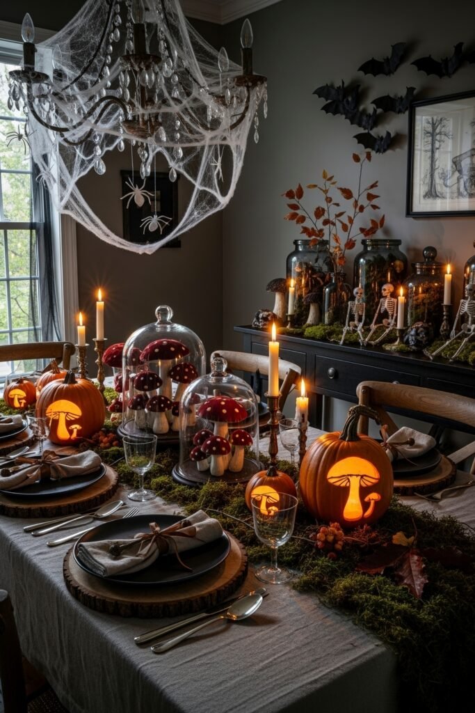 Spooky-Chic Magic: halloween home décor Ideas You’ll Love 16 Dining table set with moss runners, cloche-covered mushrooms, pumpkin carvings, and candlelight under a cobwebbed chandelier.