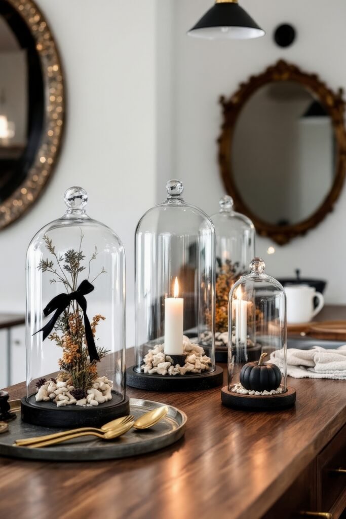 Fresh Ideas for your halloween kitchen 12 A wooden counter decorated with glass domes containing dried florals, a lit candle, and a tiny black pumpkin, creating an elegant Spooky-Chic Halloween Home display.