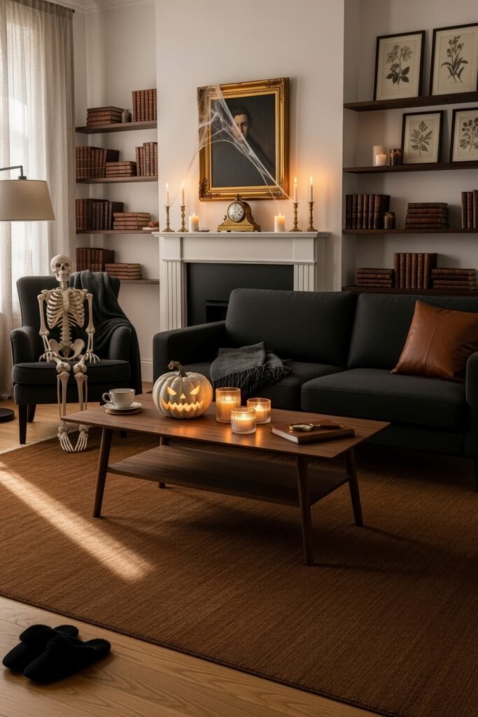 Stylish halloween living room Ideas: 15 Fresh Styles 14 Halloween living room featuring a jack-o’-lantern, candles, skeleton, and classic portrait above the fireplace.