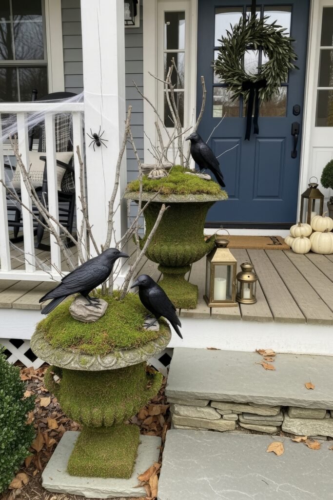 Spooky-Chic halloween porch ideas for Instant Curb Appeal 15 Halloween porch ideas with mossy urns, black crow figures, lanterns, and white pumpkins around a blue door.