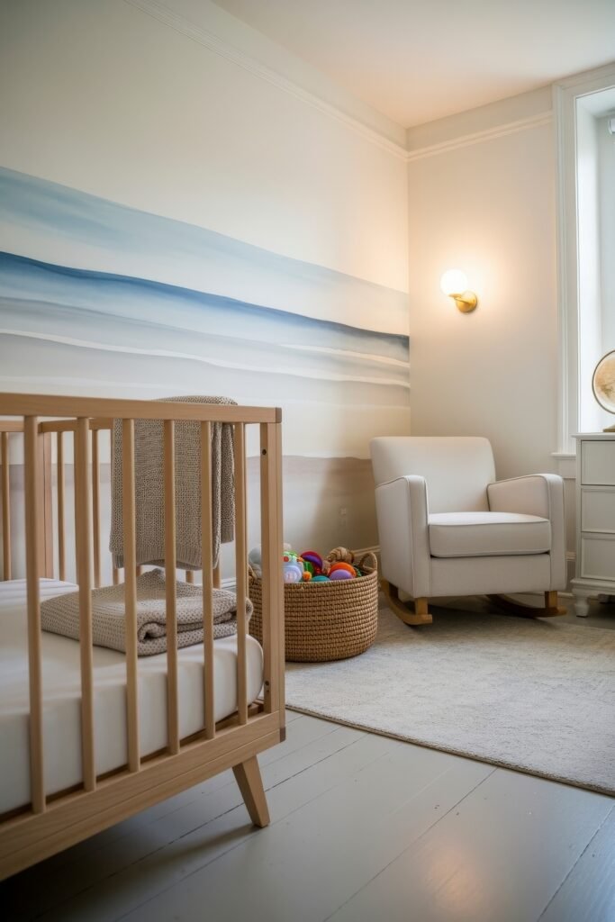 Fresh nautical nursery ideas for a calm, stylish baby room 14 Nursery with pale wood crib, sandy-toned wave mural, and neutral rocking chair, styled with natural textures for a coastal look.