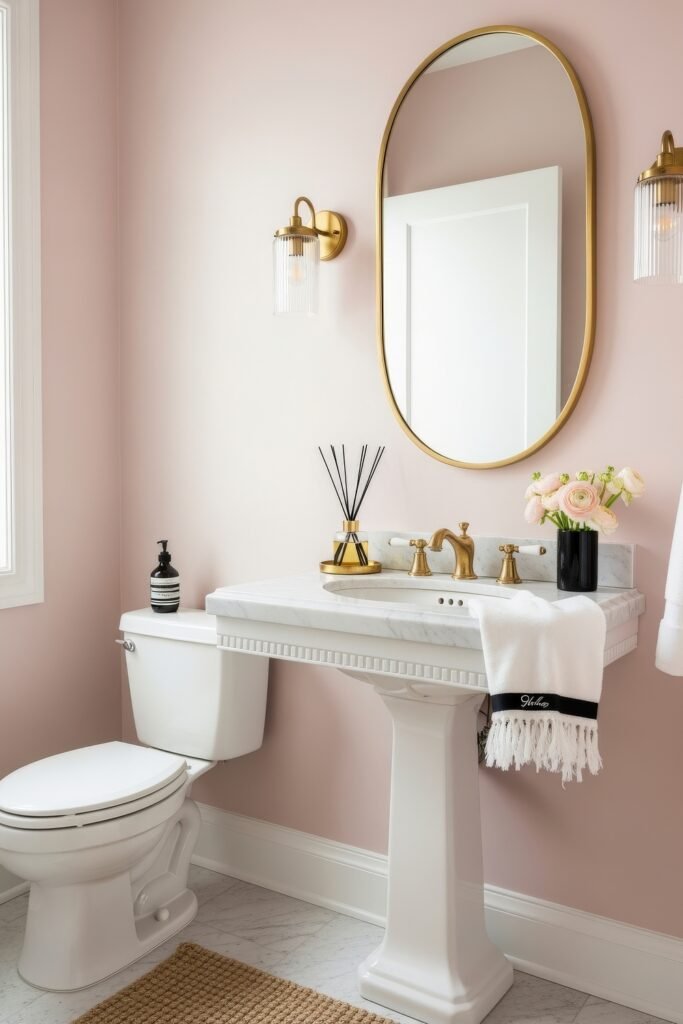 Fresh Ways to Style Pink Bathroom Decor: Looks That Glow 16 Sophisticated bathroom with blush walls, pedestal sink, and gold accents, decorated with fresh flowers, candles, and refined pink bathroom decor.