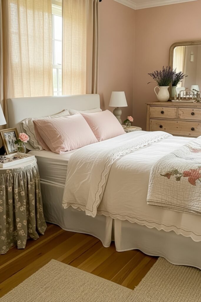Sweet Ideas for a Romantic Cozy Farmhouse Bedroom 12 Soft pink-walled cozy bedroom with a white upholstered bed, blush pillows, scalloped bedding, and a dresser topped with a lavender bouquet.