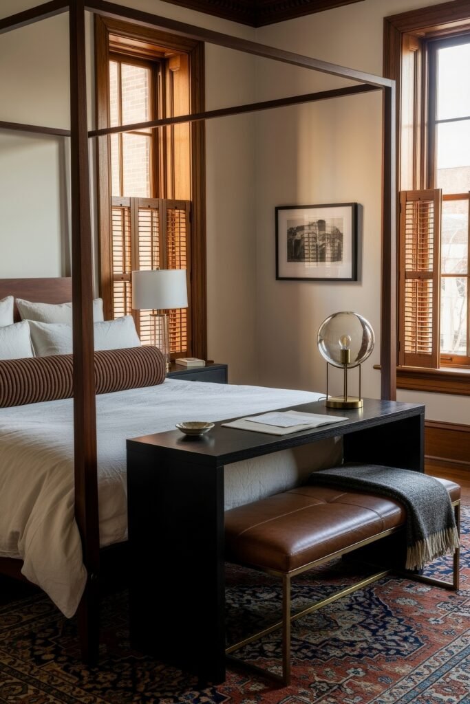 Small Bedroom Office Combo Ideas That Actually Look Chic 17 Classic bedroom with wood-framed windows, a four-poster bed, and a black desk at its foot, complemented by a leather bench and globe lamp.