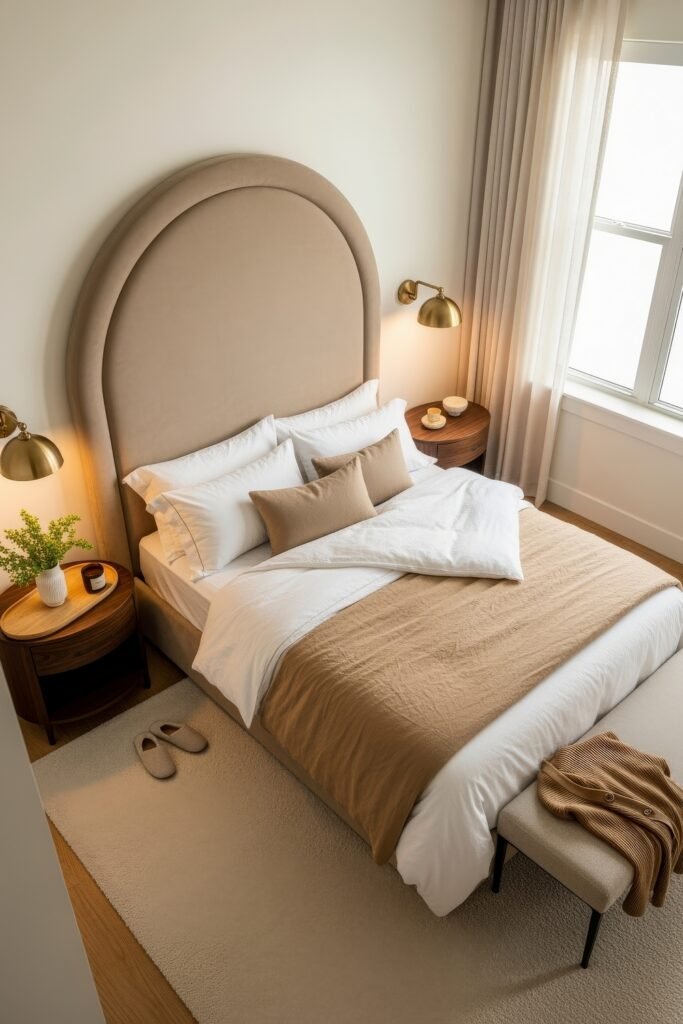 Small Bedroom Style Ideas: 15 Chic Looks That Work 18 Elegant bedroom with a tall arched headboard, layered white and beige bedding, and brass sconces for a soft, warm style.