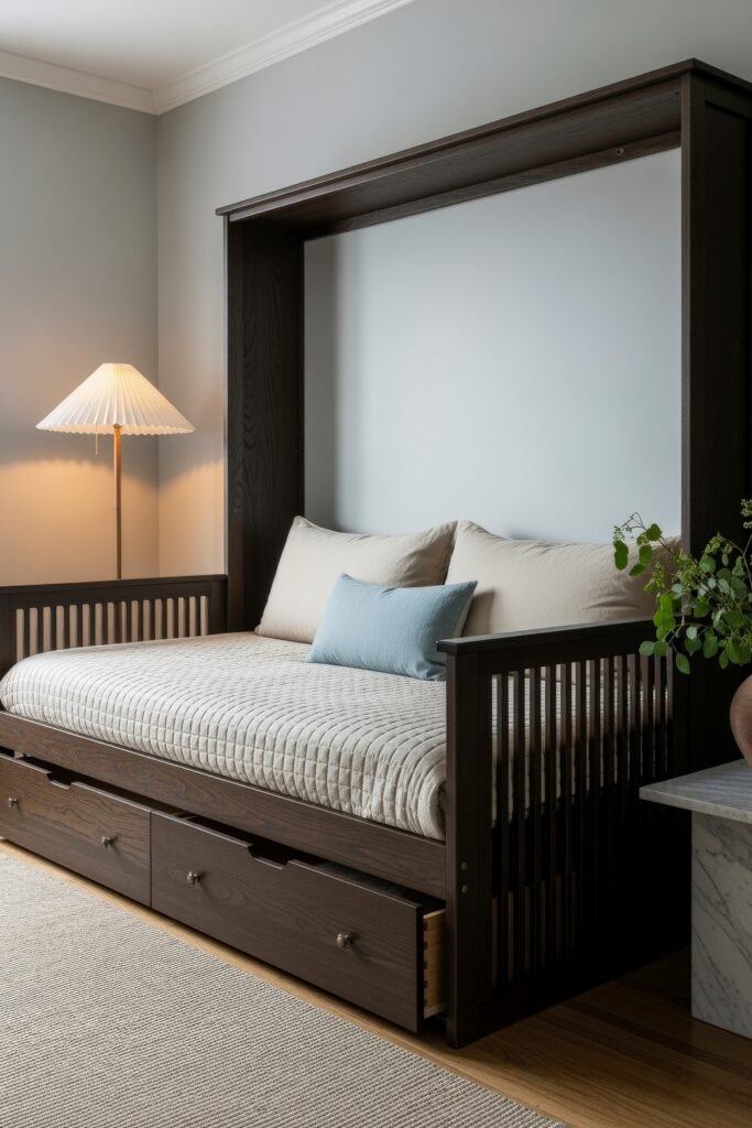 Smart, Stylish Storage Ideas for Small Bedrooms 16 Dark wood daybed with beige bedding, blue accent pillow, and pull-out drawers for discreet bedroom storage.