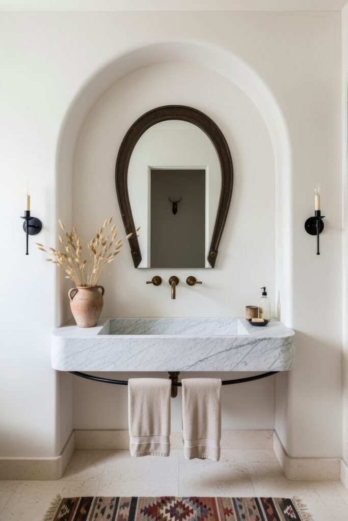 Desert-Modern Magic: Western Bathroom Decor Ideas 16 Bathroom with arched wall niche, marble sink, terracotta vase, and horseshoe-style mirror framed by candles, styled with rustic Bathroom Decor Inspo.