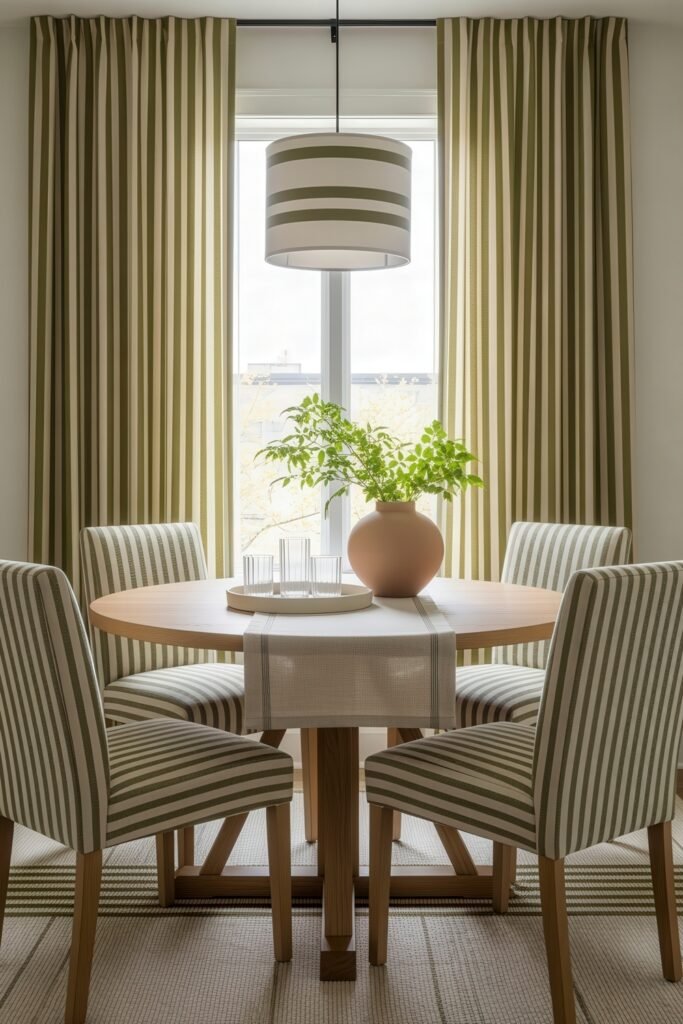 Chic Ideas for Aesthetic Apartment Decor That Feels Effortless 17 Fresh dining nook with striped green chairs, matching curtains, round wooden table, and a terracotta vase centerpiece of leafy greenery.