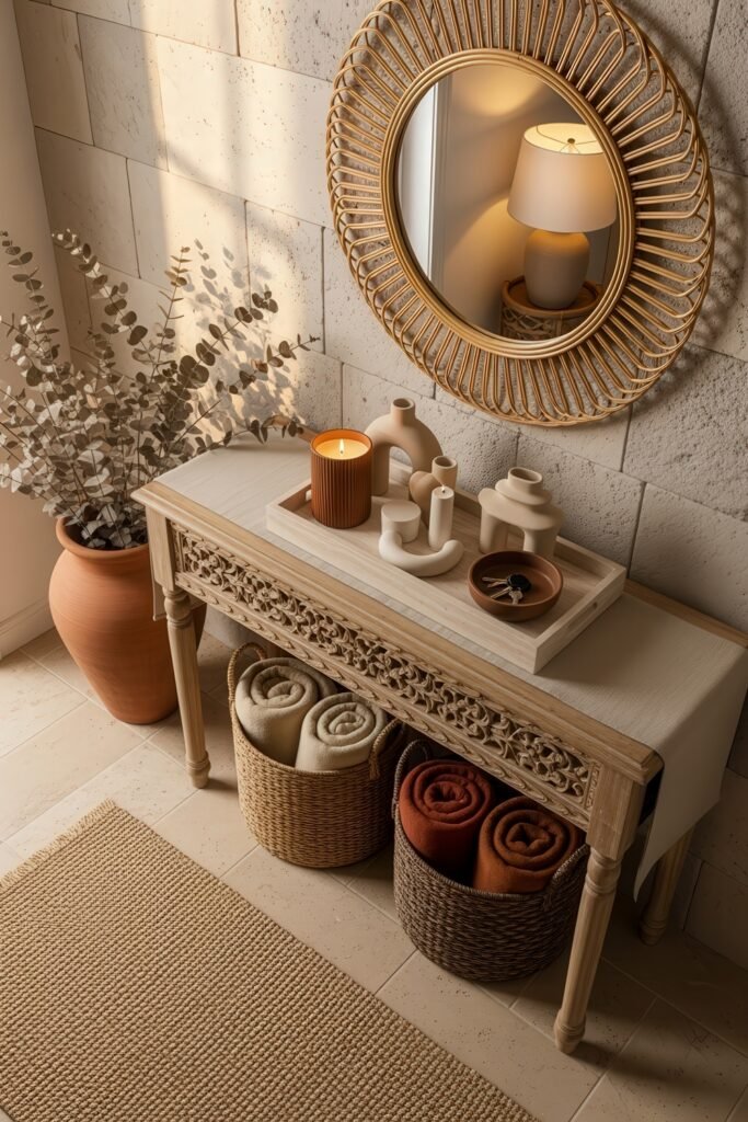 Cozy Boho Fall Decor: Ideas for Warm, Collected Style 17 Console table styled with a carved wooden base, wicker baskets holding folded blankets, modern sculptural vases, and a glowing candle under a round mirror.