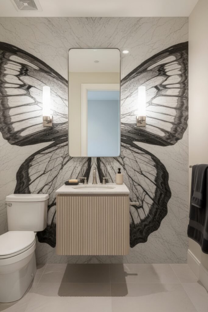 Half Bathroom Decor, Elevated: Jewel-Box Ideas 15 Creative half bathroom decor featuring a butterfly wing mural behind the vanity, paired with clean lines and sconces.