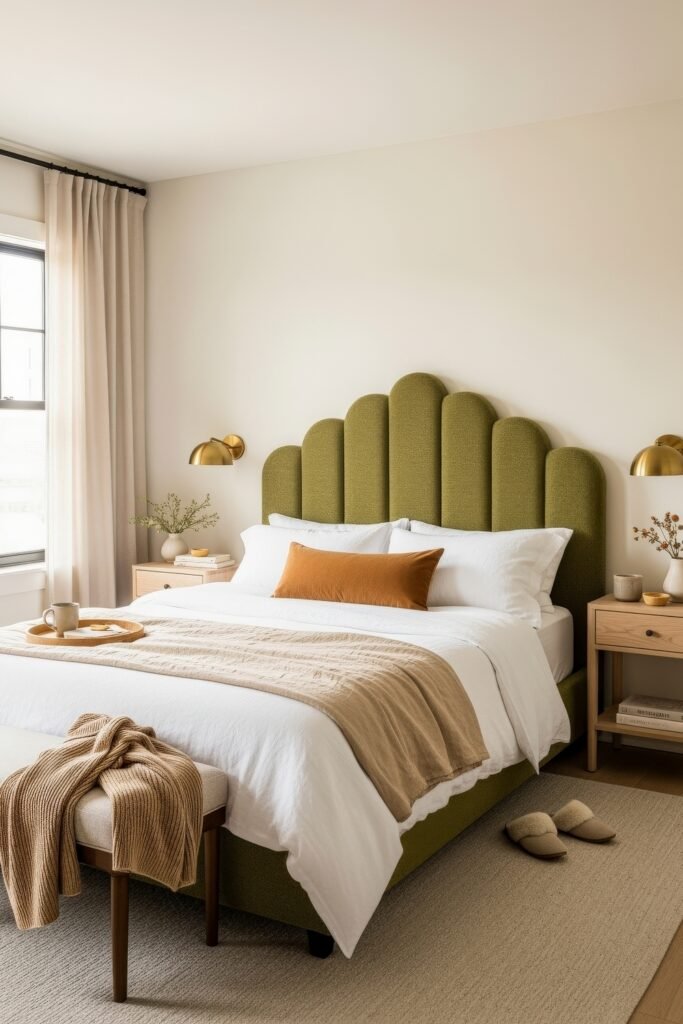 Small Bedroom Style Ideas: 15 Chic Looks That Work 19 Small bedroom style idea featuring a unique scalloped green headboard, white bedding, and warm tan accents.
