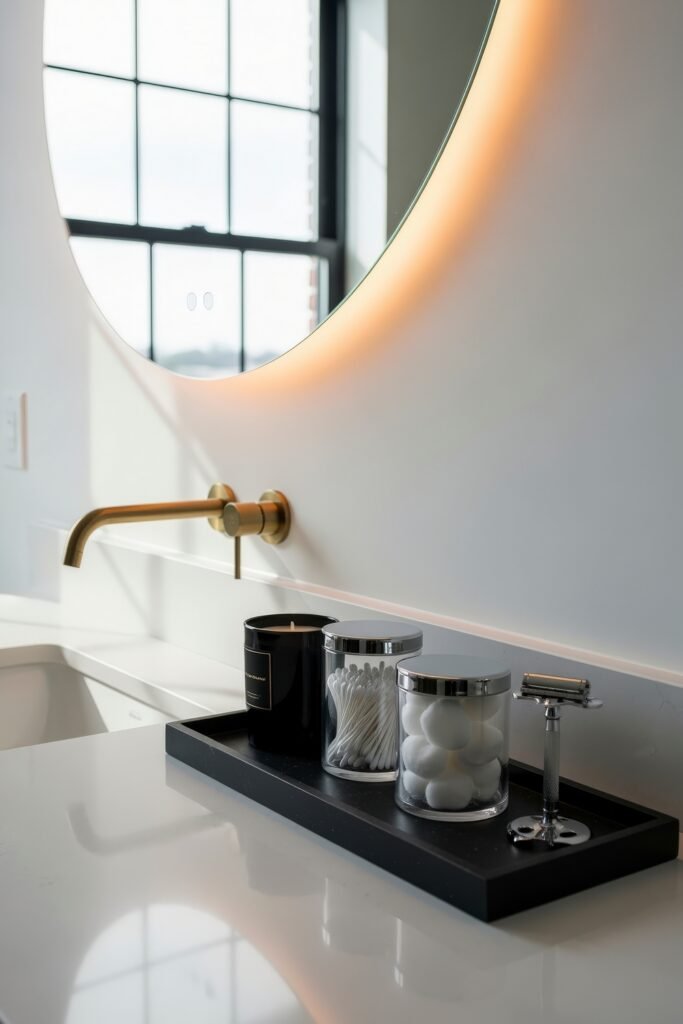 Stylish Bathroom Tray Ideas to Instantly Elevate Your Vanity 12 A sleek black bathroom tray with glass jars of cotton swabs and balls, a razor, and a black candle, set against a glowing backlit mirror and brushed brass wall-mounted faucet.