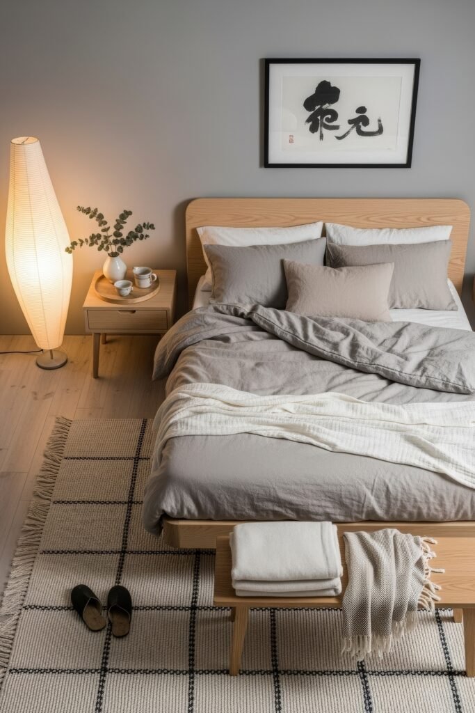 Soft & Stylish: Cozy Bedroom Ideas for an Effortless Retreat 17 Minimalist bedroom with light wood furniture, gray and white bedding, a grid-patterned rug, and soft lighting from a tall floor lamp.