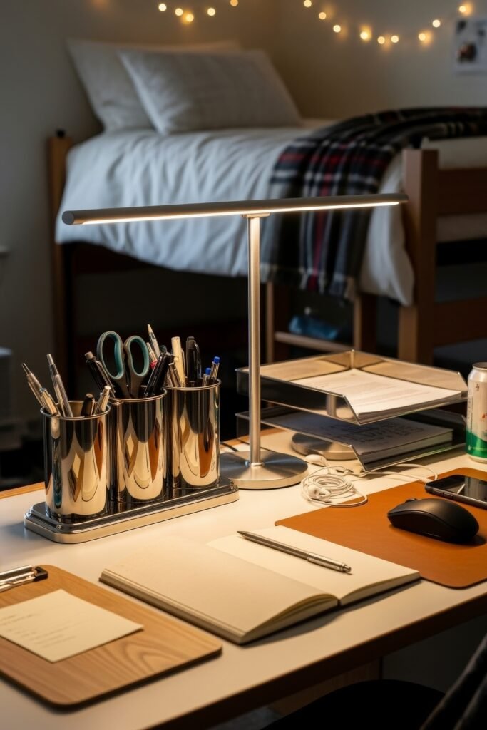 Dorm desk organization ideas for a chic glow-up 12 Sleek dorm study setup with metallic pen holders, a slim modern desk lamp, organized trays, and a bed in the background under fairy lights.