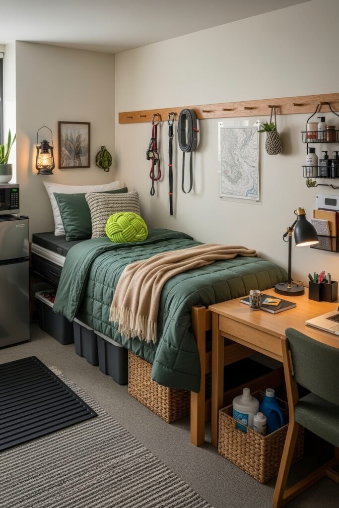 Dorm Room Ideas for Guys That Feel Grown 11 Outdoorsy dorm bedroom glow-up with green bedding, climbing gear on the wall, cozy lantern light, wood desk with lamp, and organized storage bins underneath the bed.