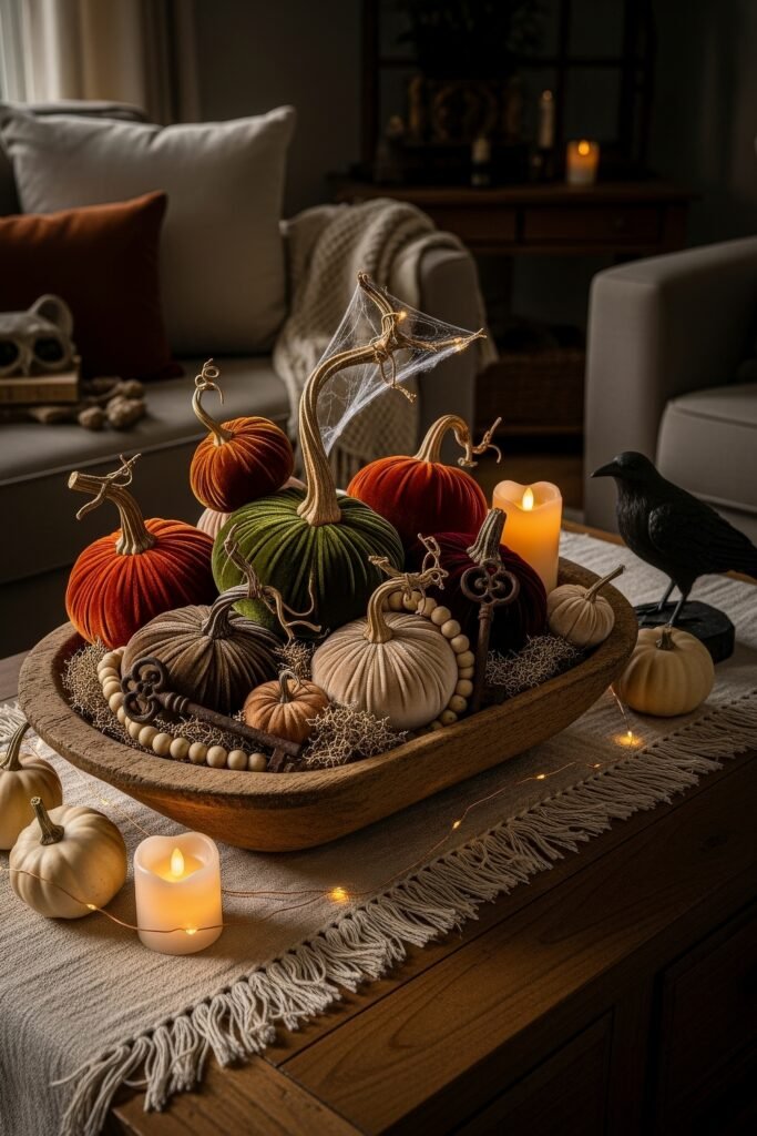 Chic Farmhouse Halloween: 13 Cozy, Stylish Decor Ideas 12 Wooden bowl centerpiece filled with velvet pumpkins in autumn colors, vintage keys, faux cobwebs, beads, and candles, styled on a rustic coffee table.