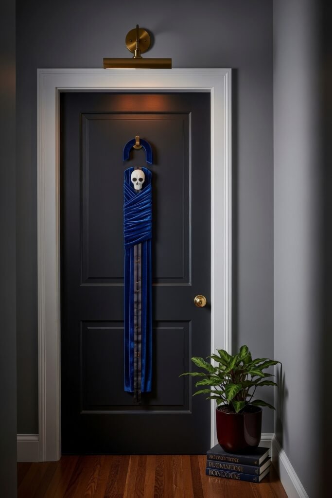 Chic halloween door hangers to elevate your entry 11 Dark interior door decorated with a deep blue velvet Halloween door hanger featuring a skull accent, lit by a brass wall light.