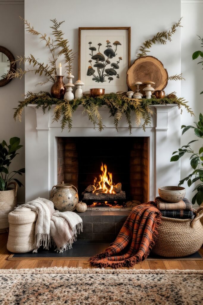 Spooky-Chic Halloween Fireplace Décor: Stylish Mantel Ideas 14 A cozy white fireplace styled with greenery, mushroom artwork, wood slices, and earthenware vases beside a glowing fire for a warm autumn-inspired mantel display.