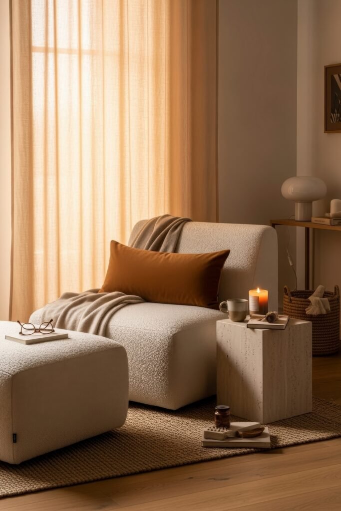 Ideas to Nail a Luxury Apartment Aesthetic 13 Cozy lounge corner with a low cream armchair, rust-colored pillow, travertine side table, and lit candle beside a woven basket.