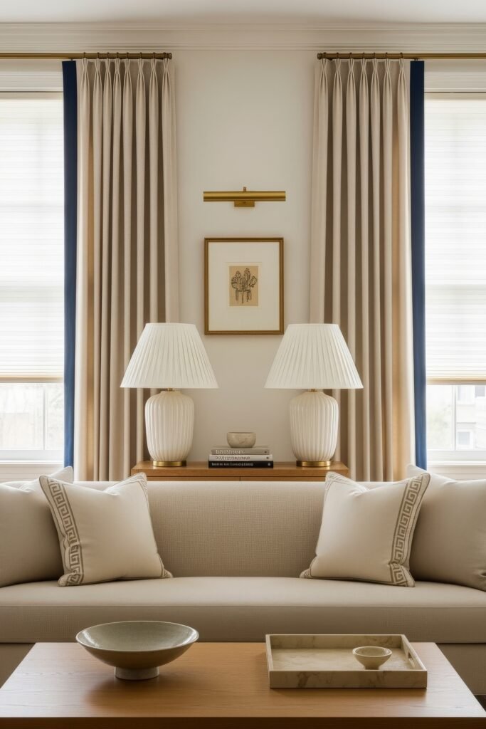 Chic Ideas for Aesthetic Apartment Decor That Feels Effortless 18 Elegant living room with a cream sofa, symmetrical lamps on a console table, and floor-to-ceiling curtains in soft neutrals with navy edging.