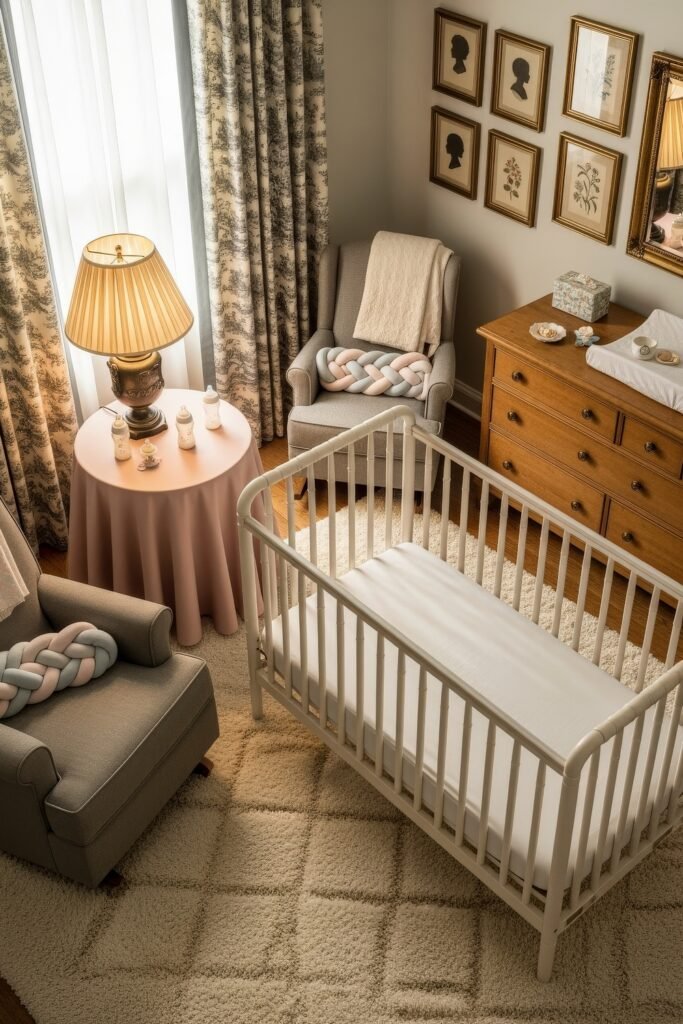 Dreamy & Stylish Baby Nursery Ideas for Girl 13 Classic nursery with vintage touches, including a white crib, wooden dresser, patterned curtains, and framed silhouette art for a timeless look.