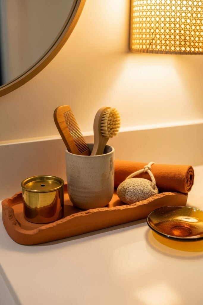 Stylish Bathroom Tray Ideas to Instantly Elevate Your Vanity 13 A rustic terracotta bathroom tray with a ceramic cup holding a wooden brush and comb, a gold candle tin, rolled towel, and pumice stone, arranged under warm lighting beside a mirror.