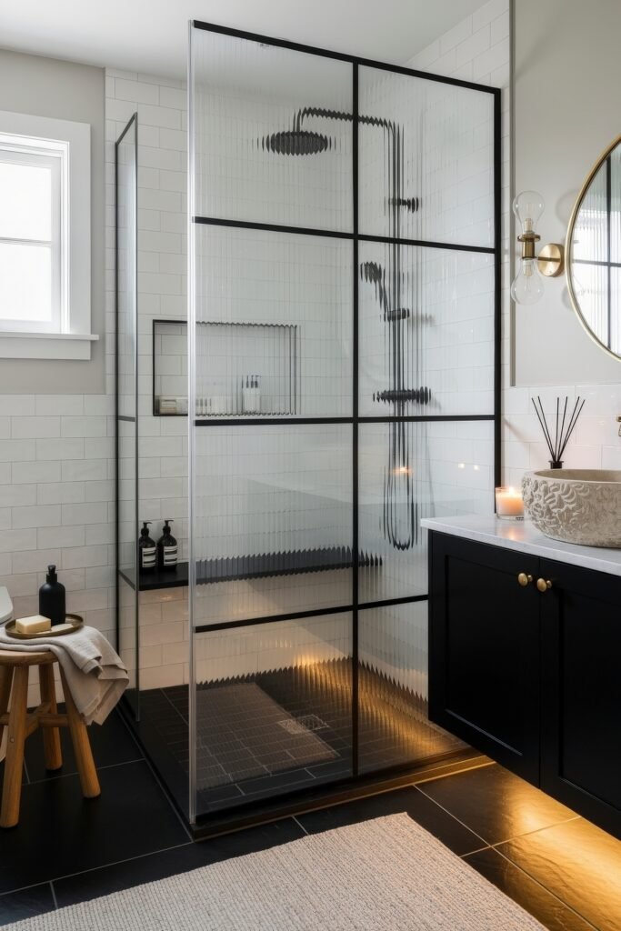 Black and Gold Bathroom Decor Ideas for Luxe Everyday Calm 15 Modern shower with textured glass panels framed in black, paired with a black vanity, gold accents, and candlelit details for a spa-like atmosphere.