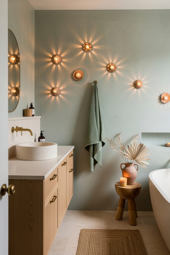 Fresh Ways to Layer Boho Bathroom Decor 16 Green-walled bathroom with stone vanity, round vessel sink, freestanding tub, terracotta vase, and glowing wall sconces for striking Bathroom Decor Inspo.