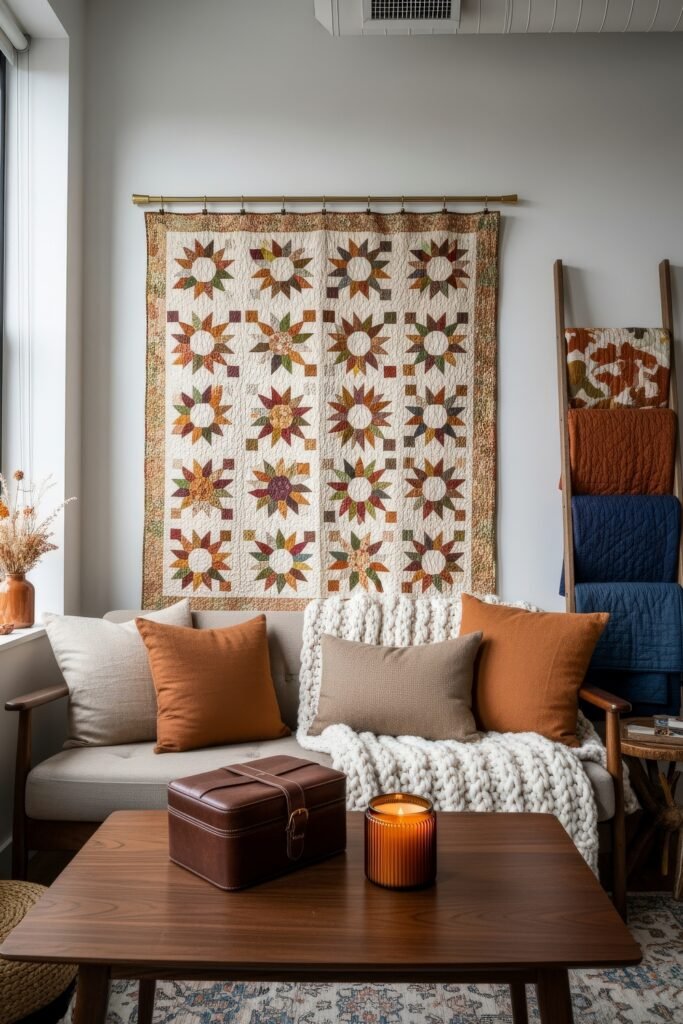Cozy Boho Fall Decor: Ideas for Warm, Collected Style 18 Living room with a handmade quilt featuring star patterns in autumn tones hung on the wall, paired with a neutral sofa, cozy pillows, and a candlelit coffee table.