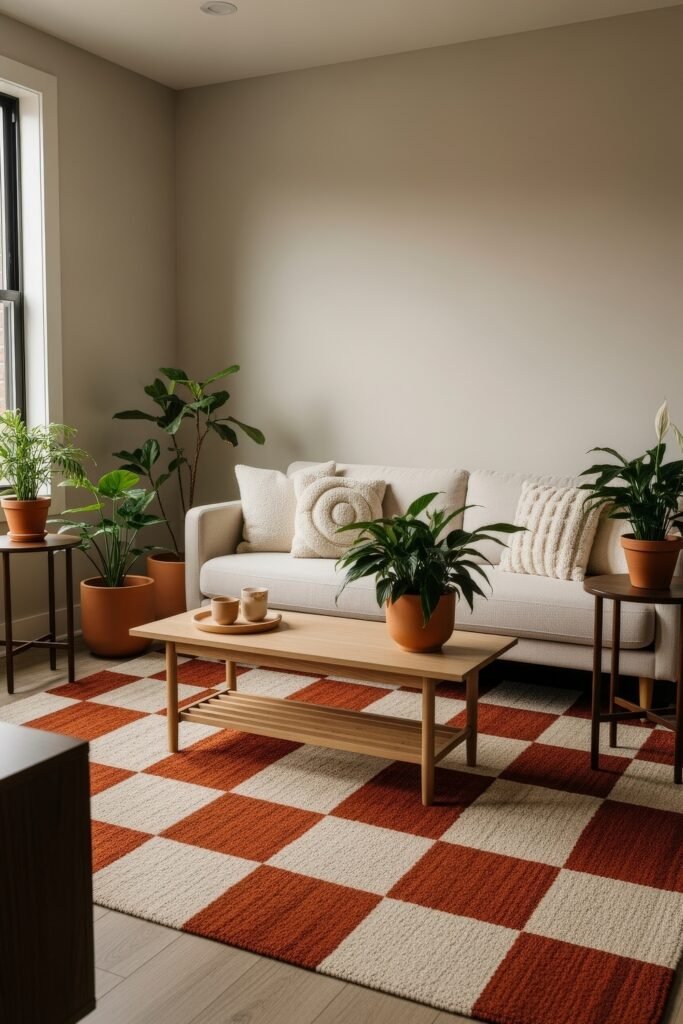 Chic Ideas for a Brown Apartment Aesthetic 13 Fresh, cozy living room with a cream sofa, textured throw pillows, terracotta planters filled with greenery, and a bold red-and-ivory checkered rug—an inviting take on aesthetic apartment decor.